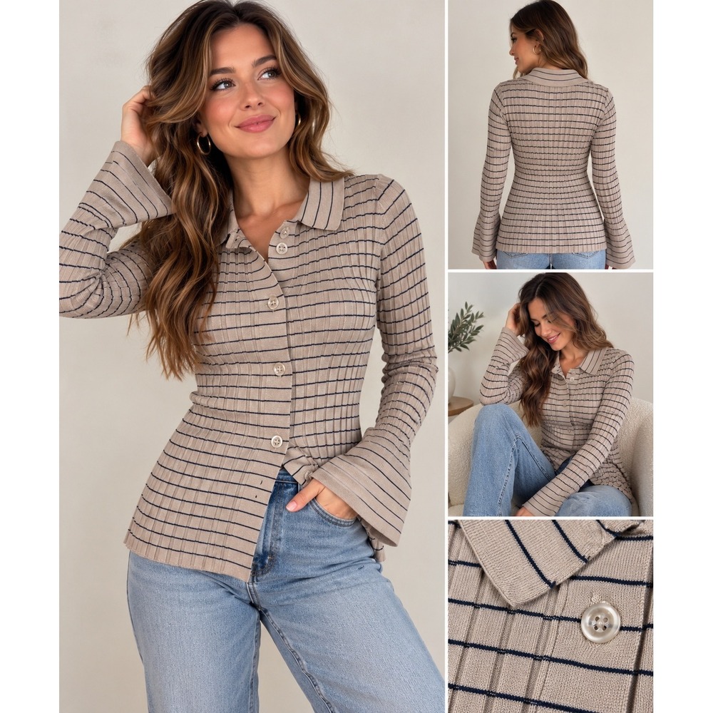 Bell Sleeve Collared Cardigan A New Day Womens S Beige Blue Stripe NWT Preppy - Picture 1 of 8